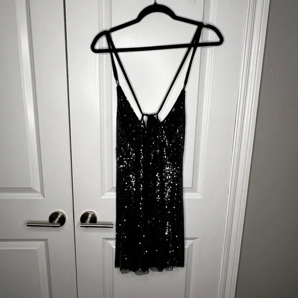 FREE PEOPLE Gold Rush Mini DRESS Size Small Black Sequin Strappy - Picture 4 of 9